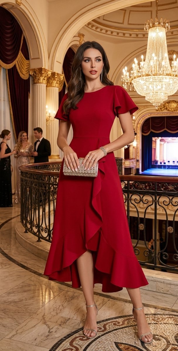 Miniatura de BeryLove Vestido Largo de Fiesta para Mujer ? Manga Corta con Volantes y Corte Asimétrico