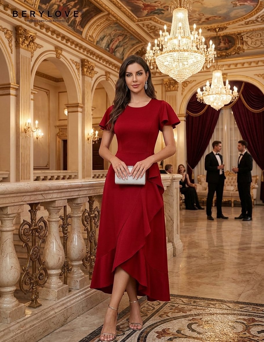 Miniatura de BeryLove Vestido Largo de Fiesta para Mujer ? Manga Corta con Volantes y Corte Asimétrico