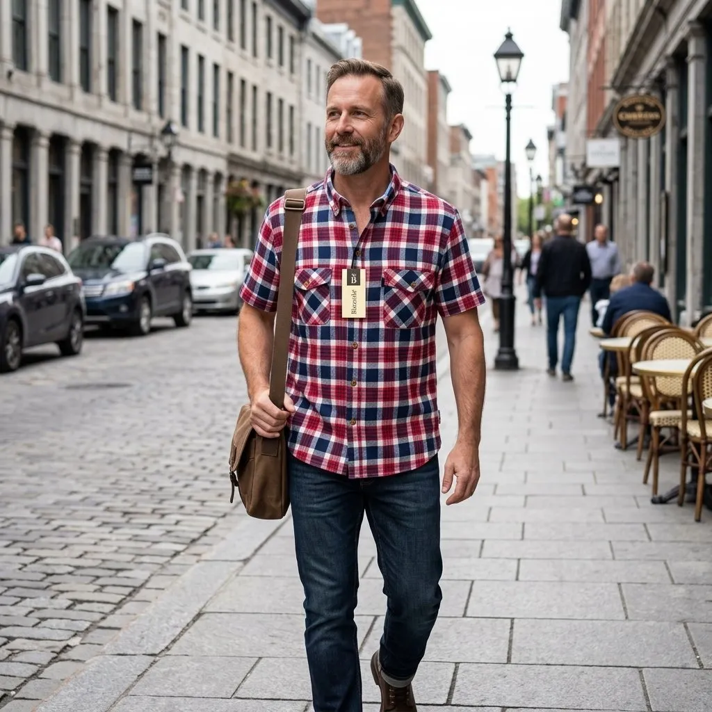 Camisa Manga Corta a Cuadros para Hombre Biozzido - Azul, Rojo y Blanco con Doble Bolsillo Miniatura de Camisa Manga Corta a Cuadros para Hombre Biozzido - Azul, Rojo y Blanco con Doble Bolsillo