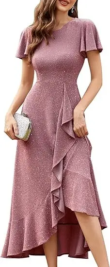 Vestido de Fiesta BeryLove: Elegante Largo de Lentejuelas con Manga Flutter para Bodas y Gala