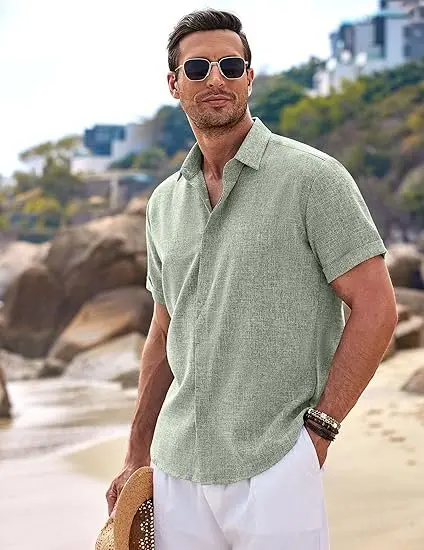 Camisa de Lino COOFANDY Hombre: Manga Corta Casual de Verano para Playa y Bodas