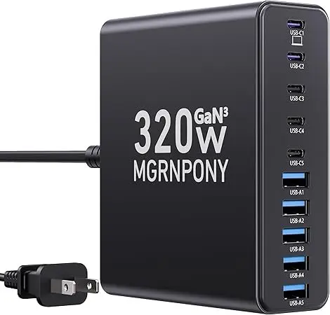 Estación de Carga USB C 320W GaN III - Cargador Múltiple 10 Puertos PD 65W para MacBook Pro, Laptop, iPhone y Samsung.